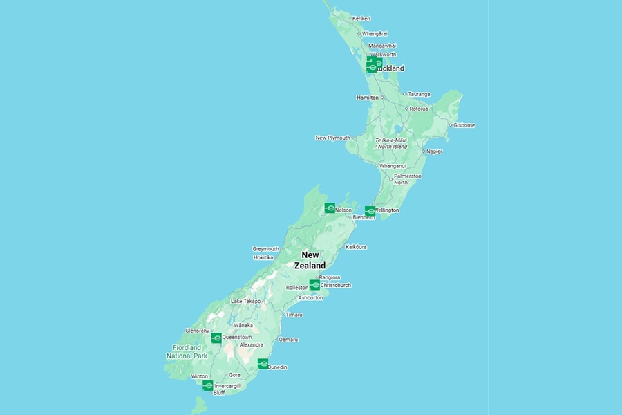 New Zealand Map with Enterprise Location HIghlighted with a Green Pin